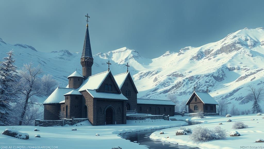 Medieval Highlands Winter Scene in Deep, Fantastical Colors