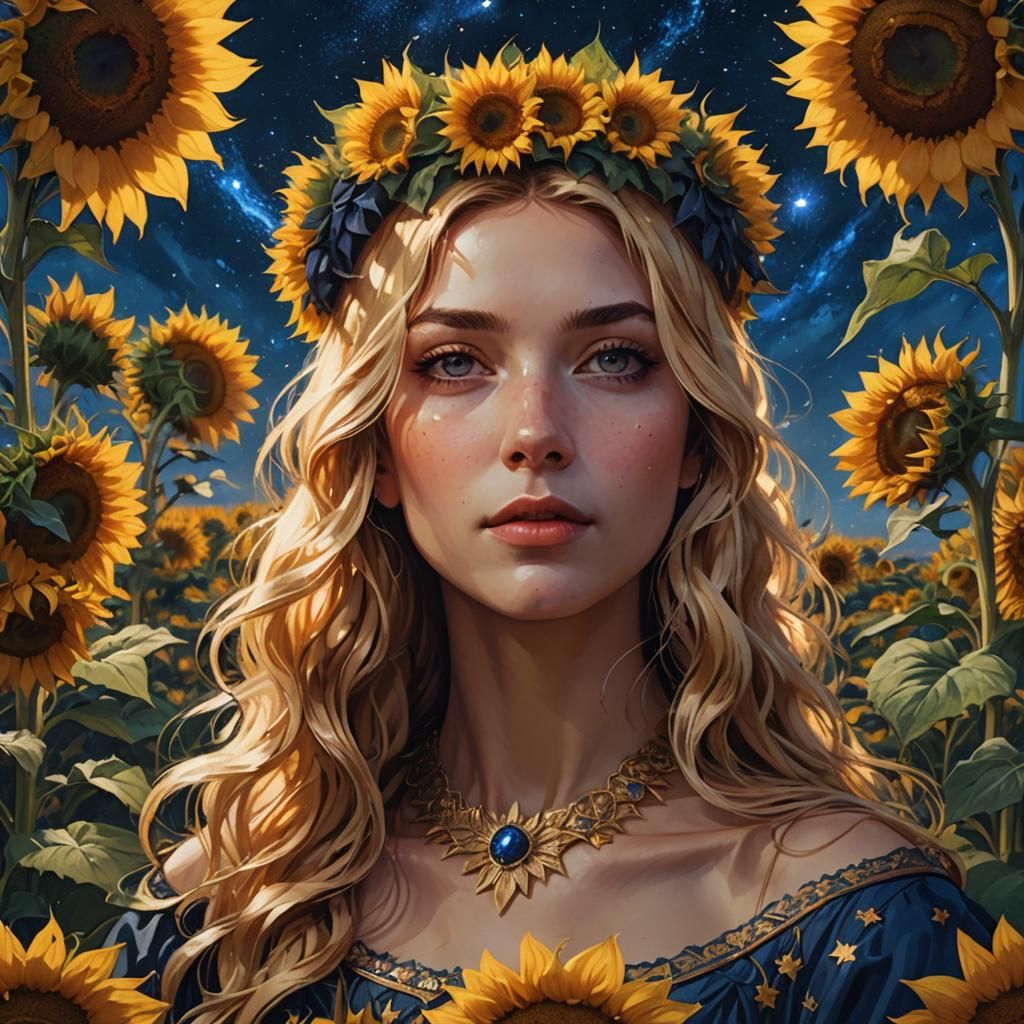 Girl with Sunflower Crown in Starry Field