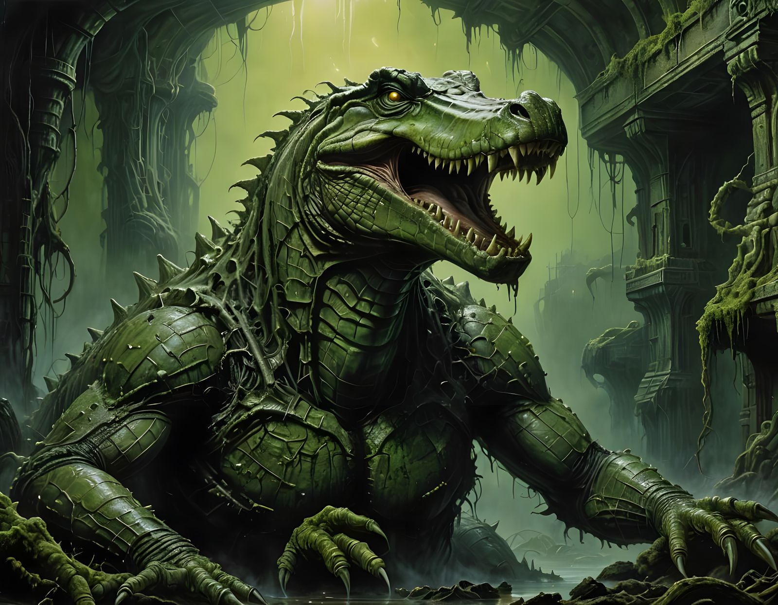 Cyberpunk Swamp Creature in Golden Ratio Composition