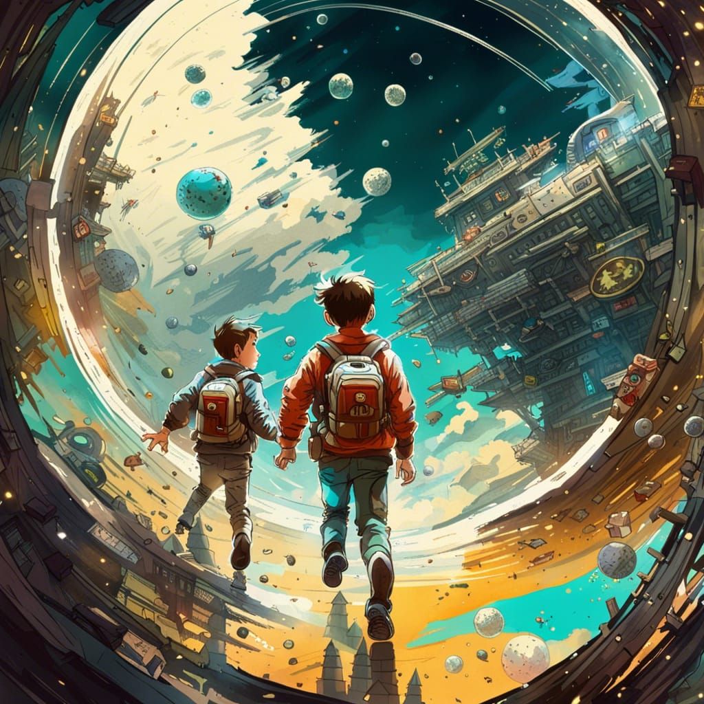 Brothers Playing Tag on Space Station, Digital Art