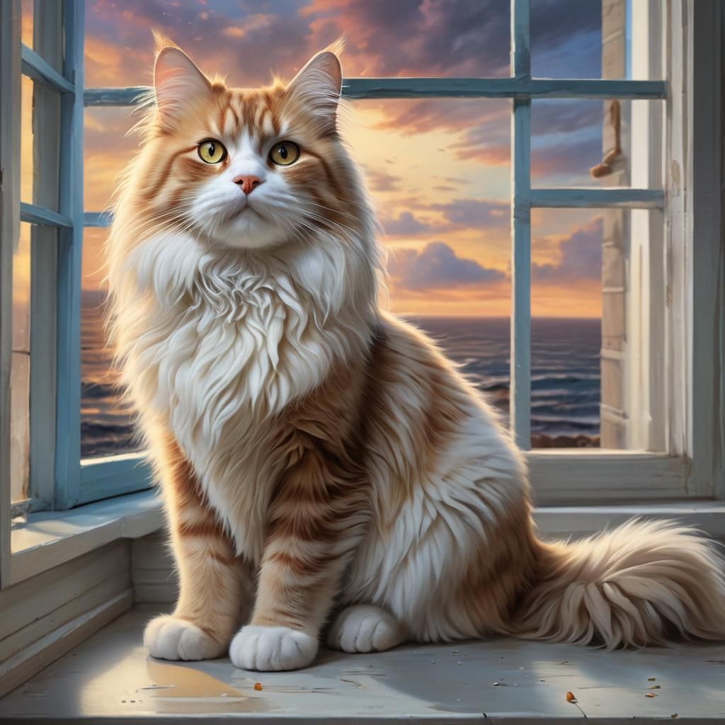 Luminescent Ocean View with Longhaired Cat