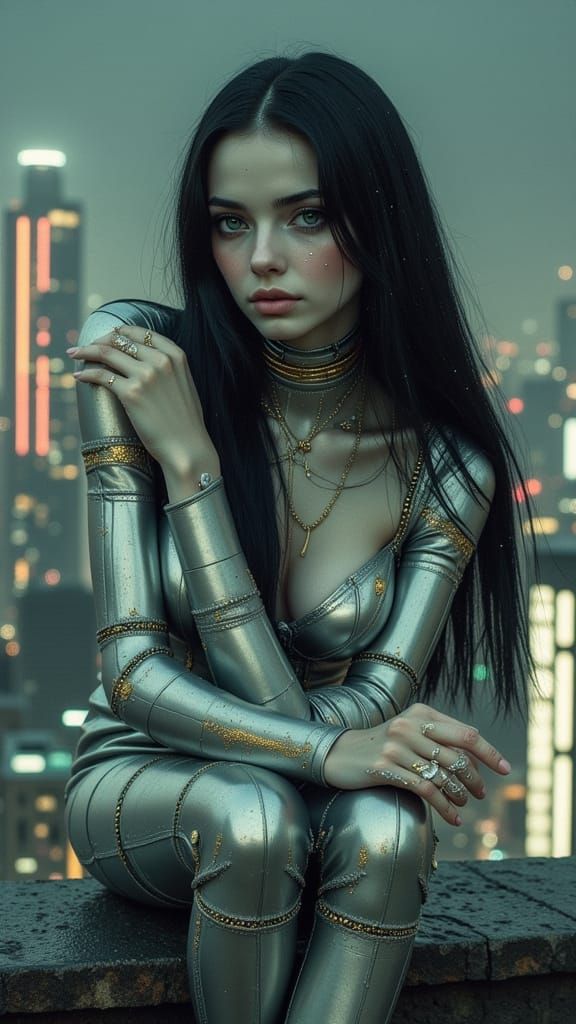 Ethereal Cyborg Goddess in Futuristic Dystopian Cityscape