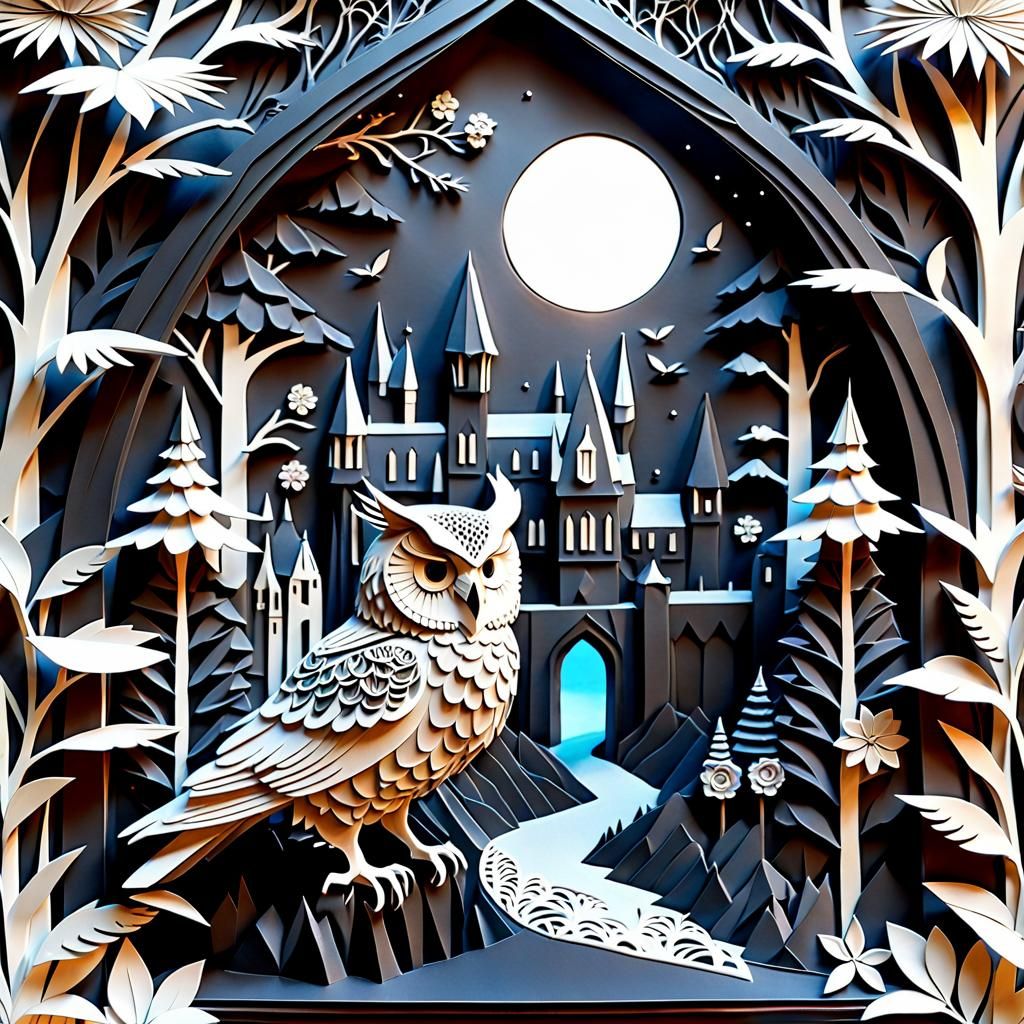 Kirigami Hogwarts Scene in Paper Art Style