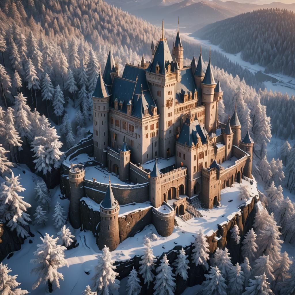 Majestic Castle Palace in Snowy Forest at Sunset