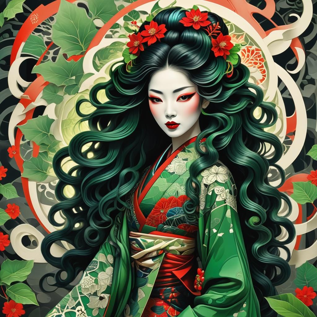 Geisha with Leaves in Digital Art Nouveau Style