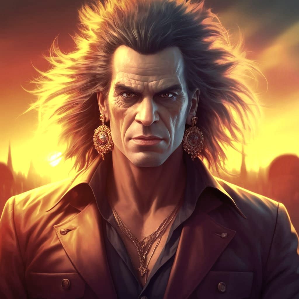 Dio in Vibrant Digital Art with Fiery Sunset