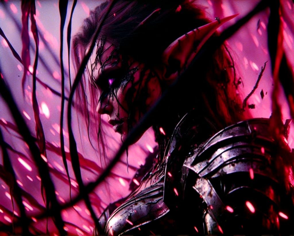 Dark Fantasy Warrior Trapped in Crimson Haze