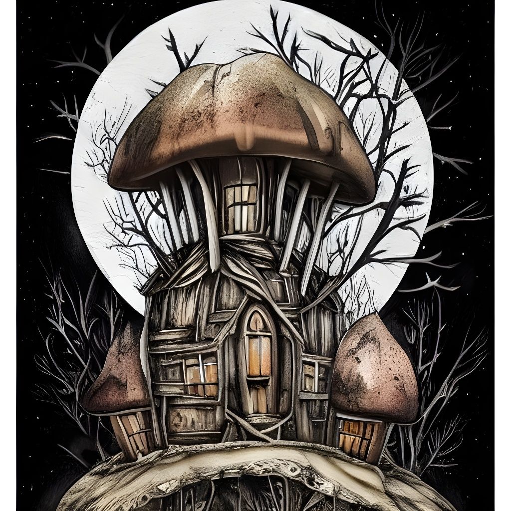 Decaying rabbit skeleton turned into a mushroom village