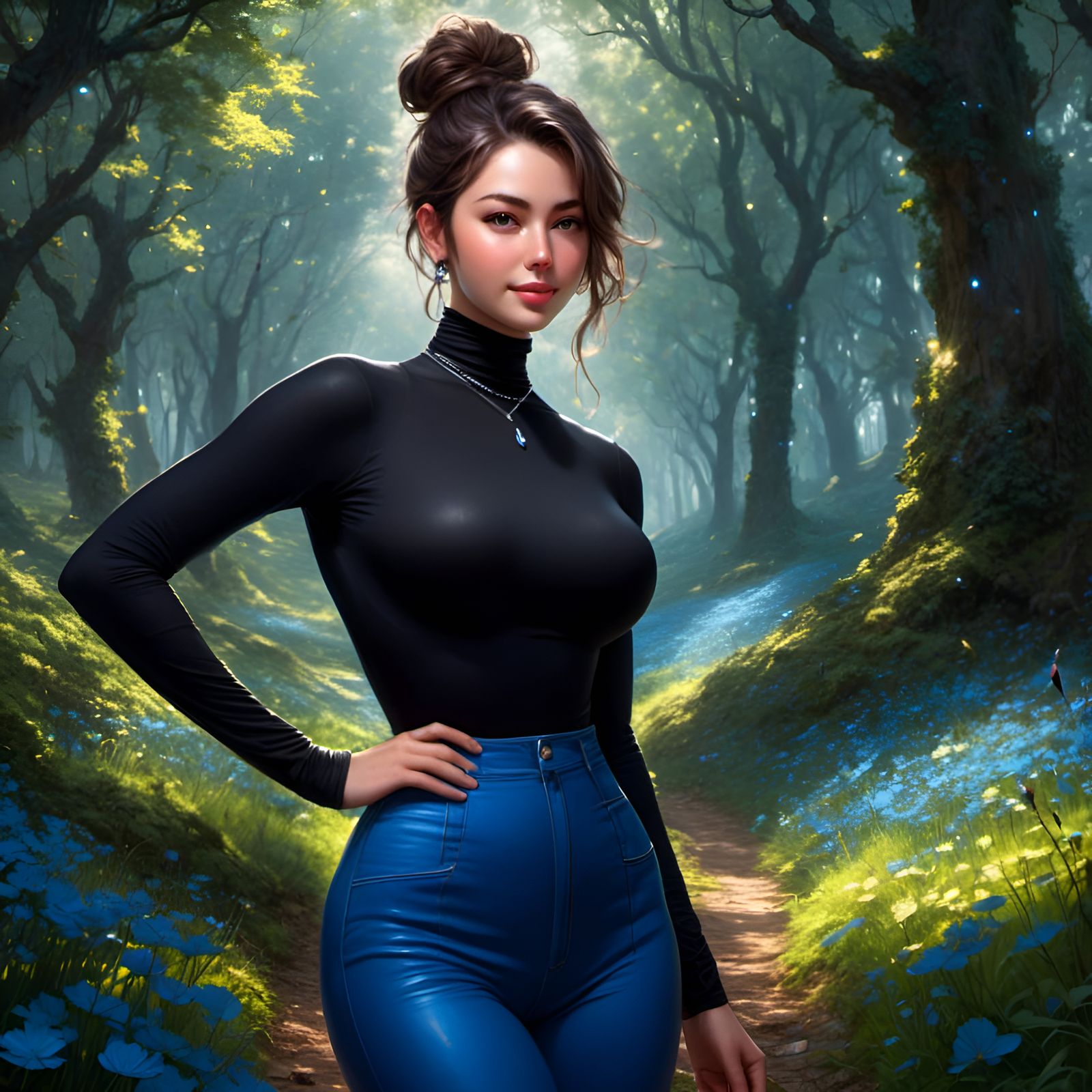 Curvy Woman in Mystic Garden with Glowing Background