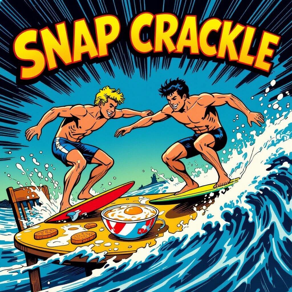 Men Surfing on Breakfast Table in Comic Art Style