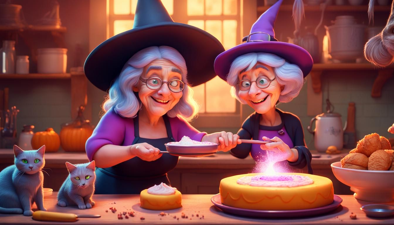 Friendly Witch Bakes Cake with Magic: 3D Art