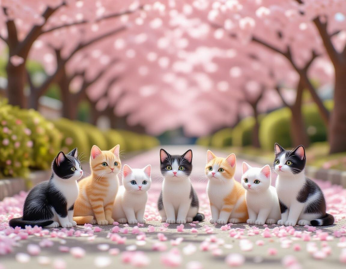 Miniature Cats in Cherry Blossom, Tilt-Shift