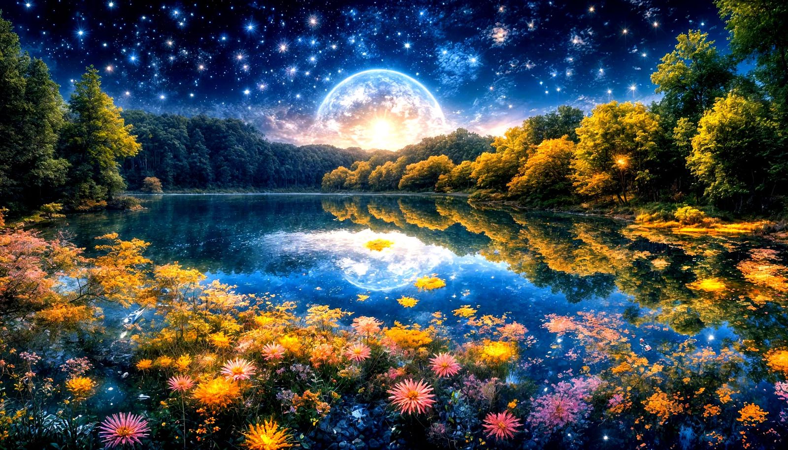 Sparkling Flowers Float on Dreamy Fantasy Lake at Night