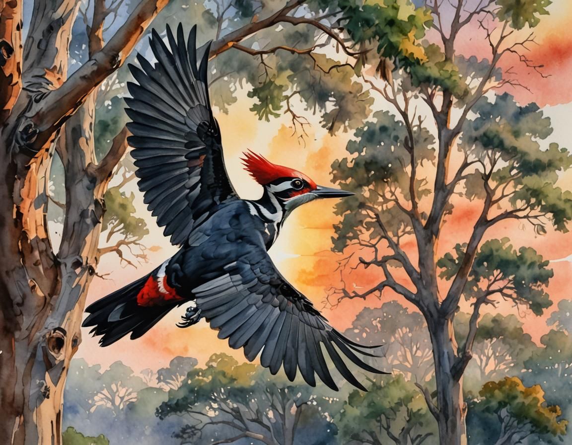 Pileated Woodpecker Ascending into Oak Tree: Watercolor