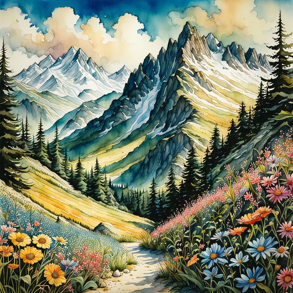 Watercolor Mountain Landscape with Wildflowers
