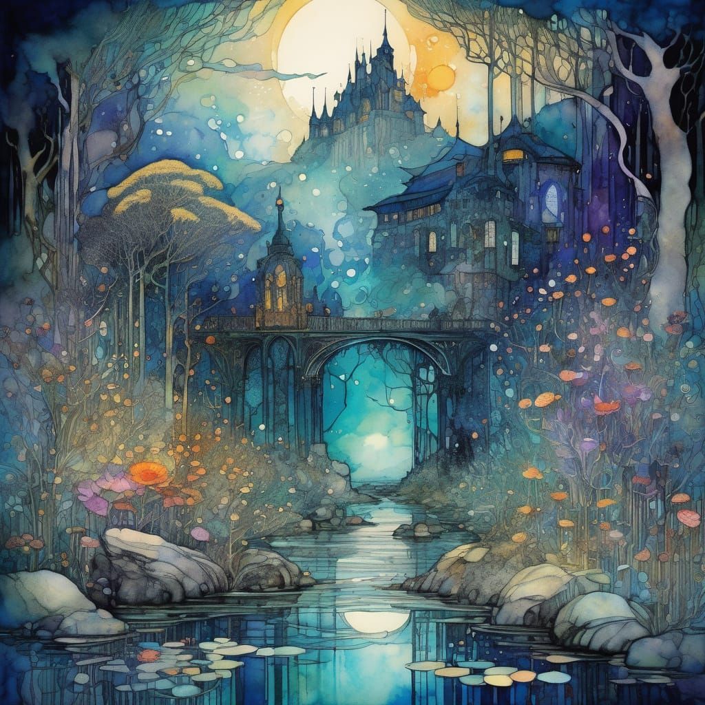 Dramatic Liquid Ink Watercolour Illustration with Vibrant Co...