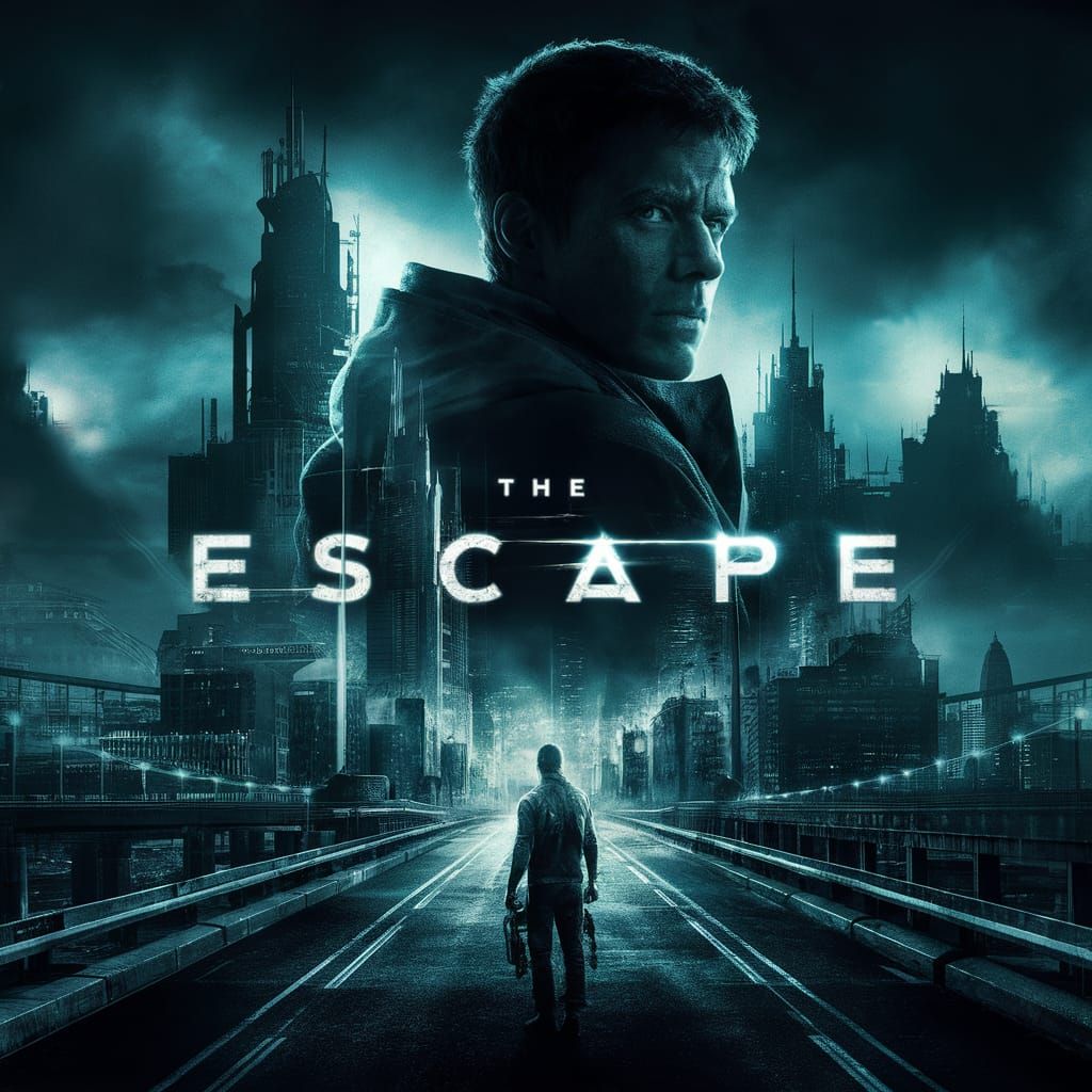 Futuristic Movie Poster: The Escape in Neon Cityscape