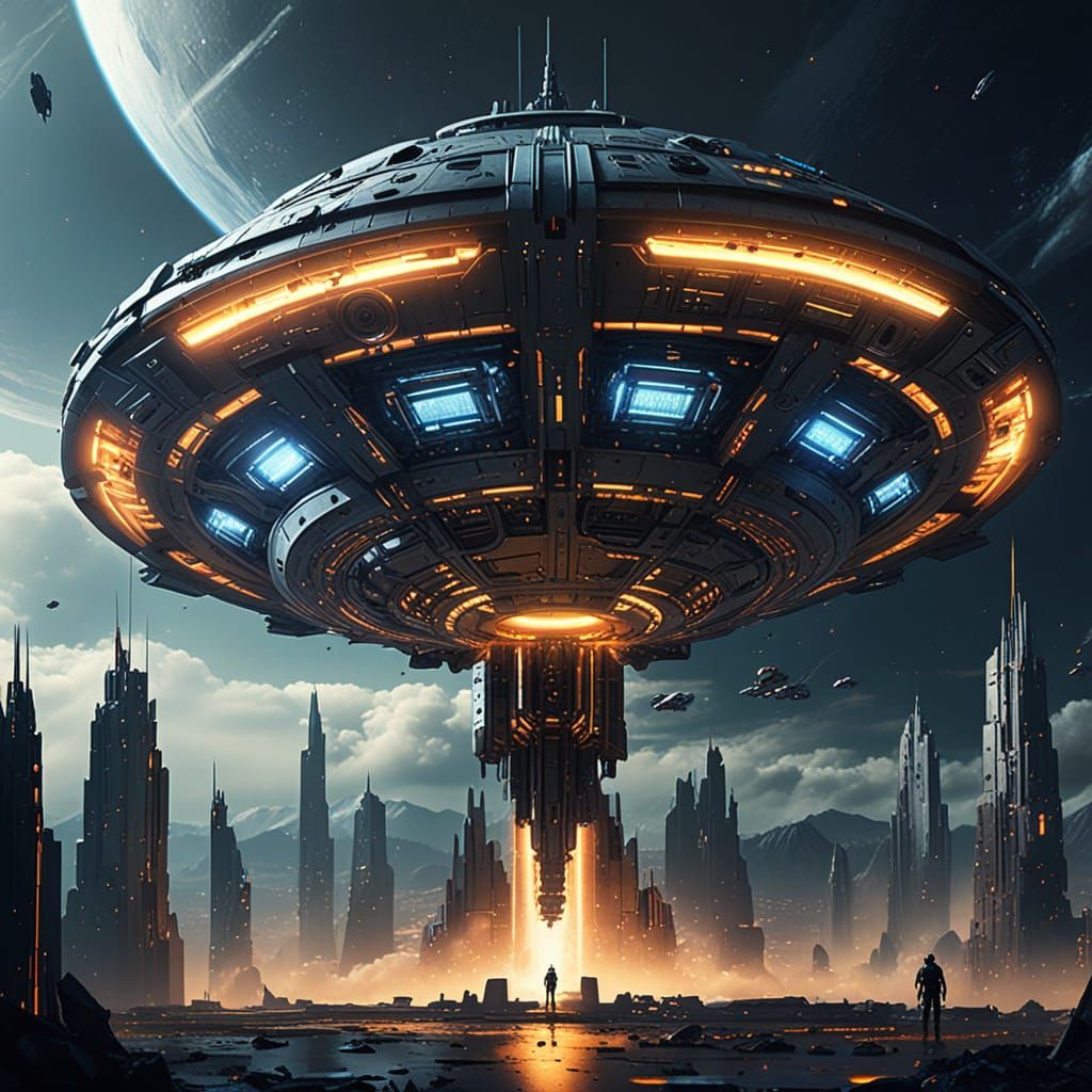 Circular Spaceship Ascending in Sci-Fi Concept Art