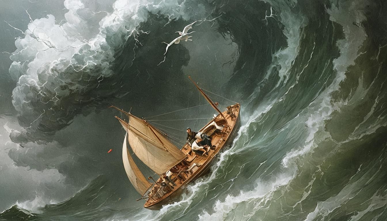 Sailor Navigating Stormy Seas in Vintage Illustration Style