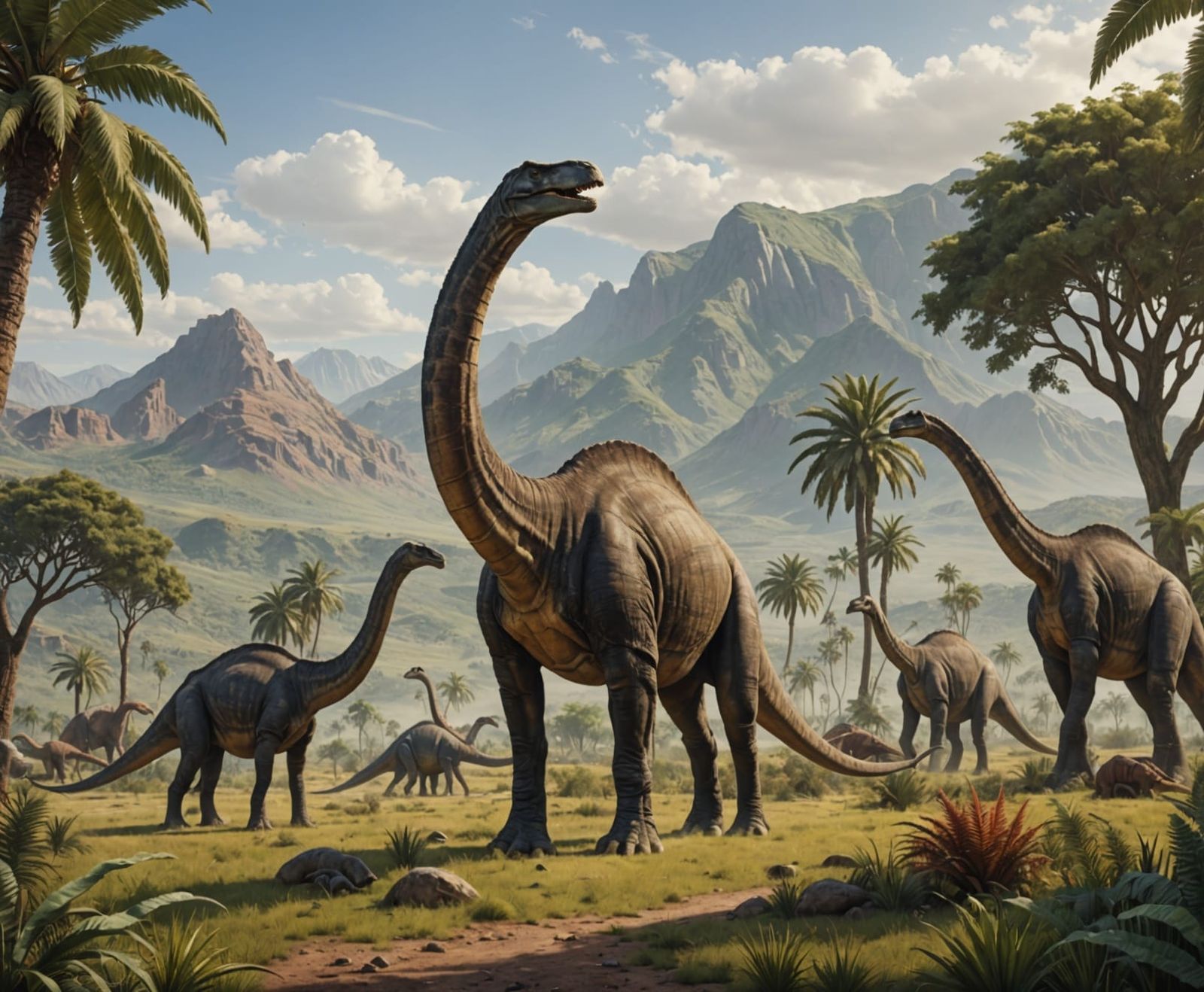Brachiosaurus Dinosaurs Grazing in Jurassic Landscape