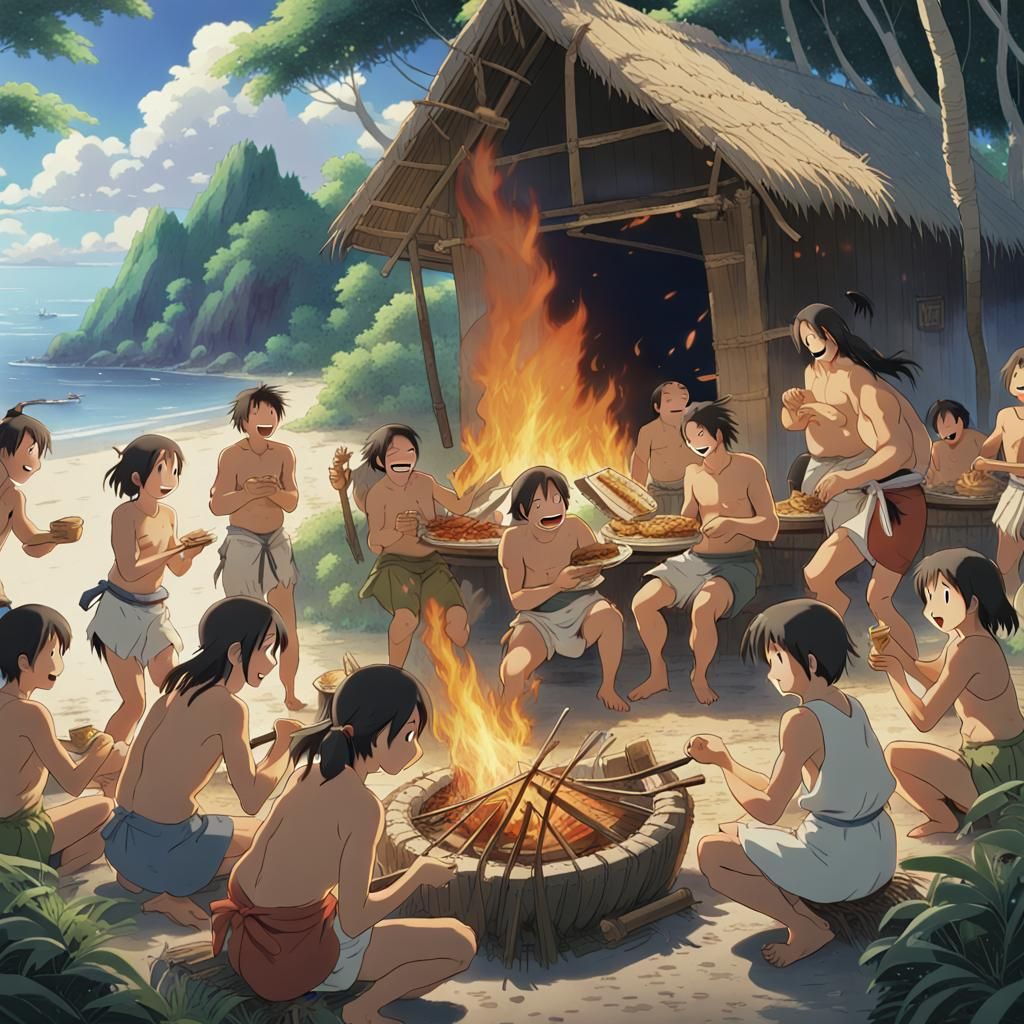 Castaway Feast with Polynesians in Ghibli Style