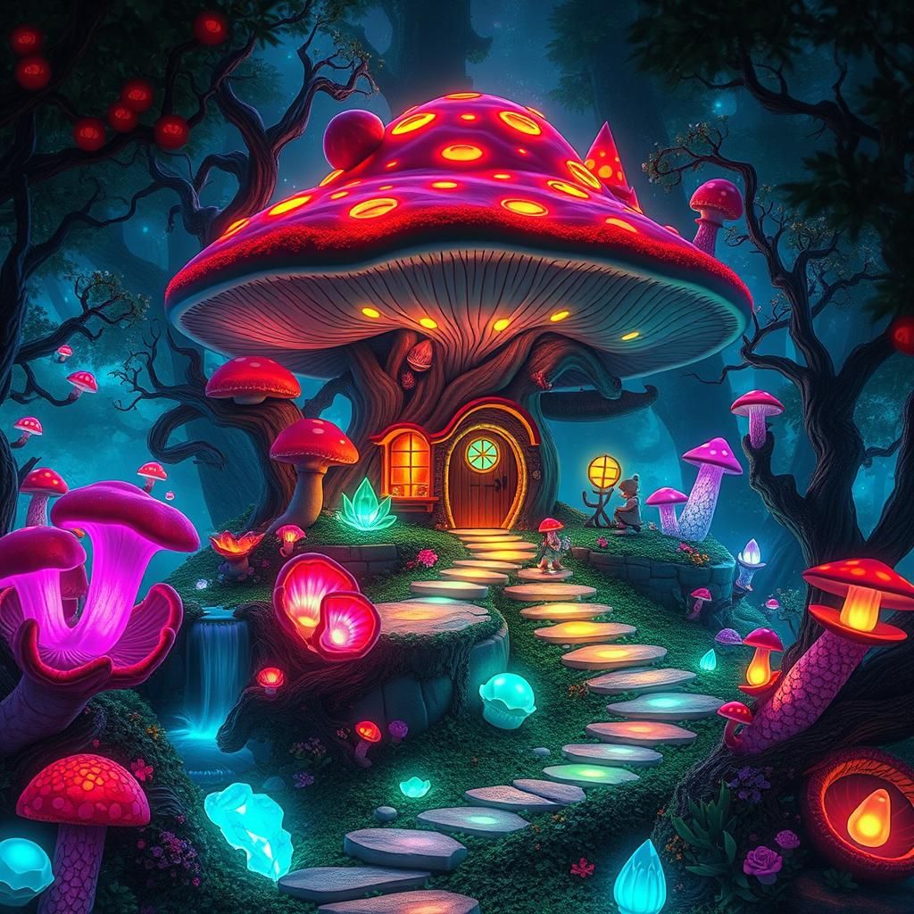 Mushroom House in Bioluminescent Enchanted Forest