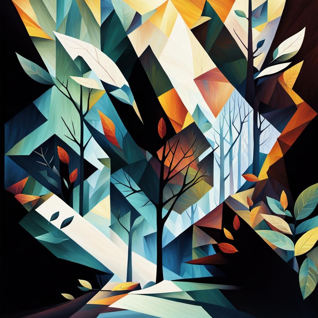 Geometric Autumn Forest Landscape in Cubist Style