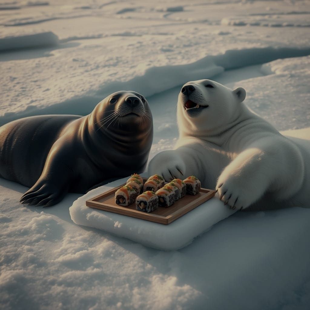 Seal and Polar Bear Enjoy Sushi on Ice Floe