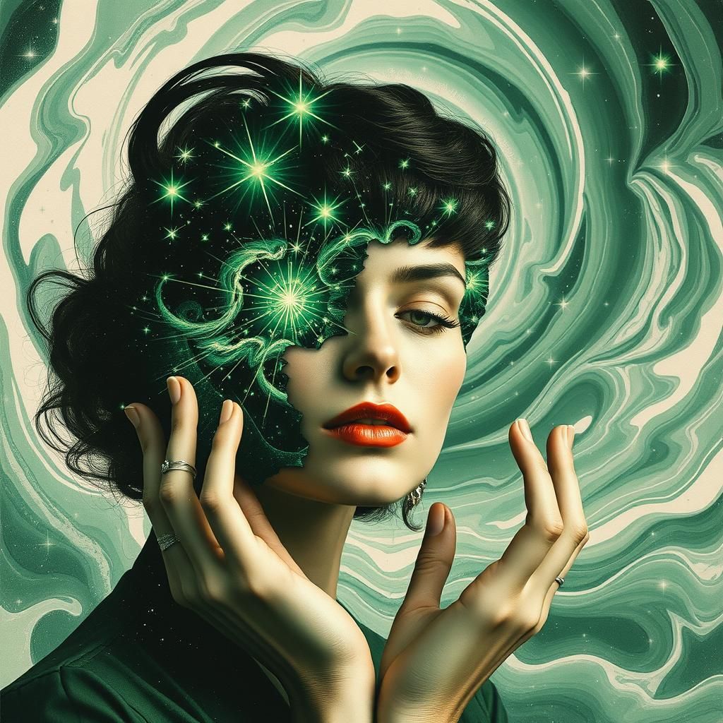 Surreal Dadaist Portrait with Green Starbursts