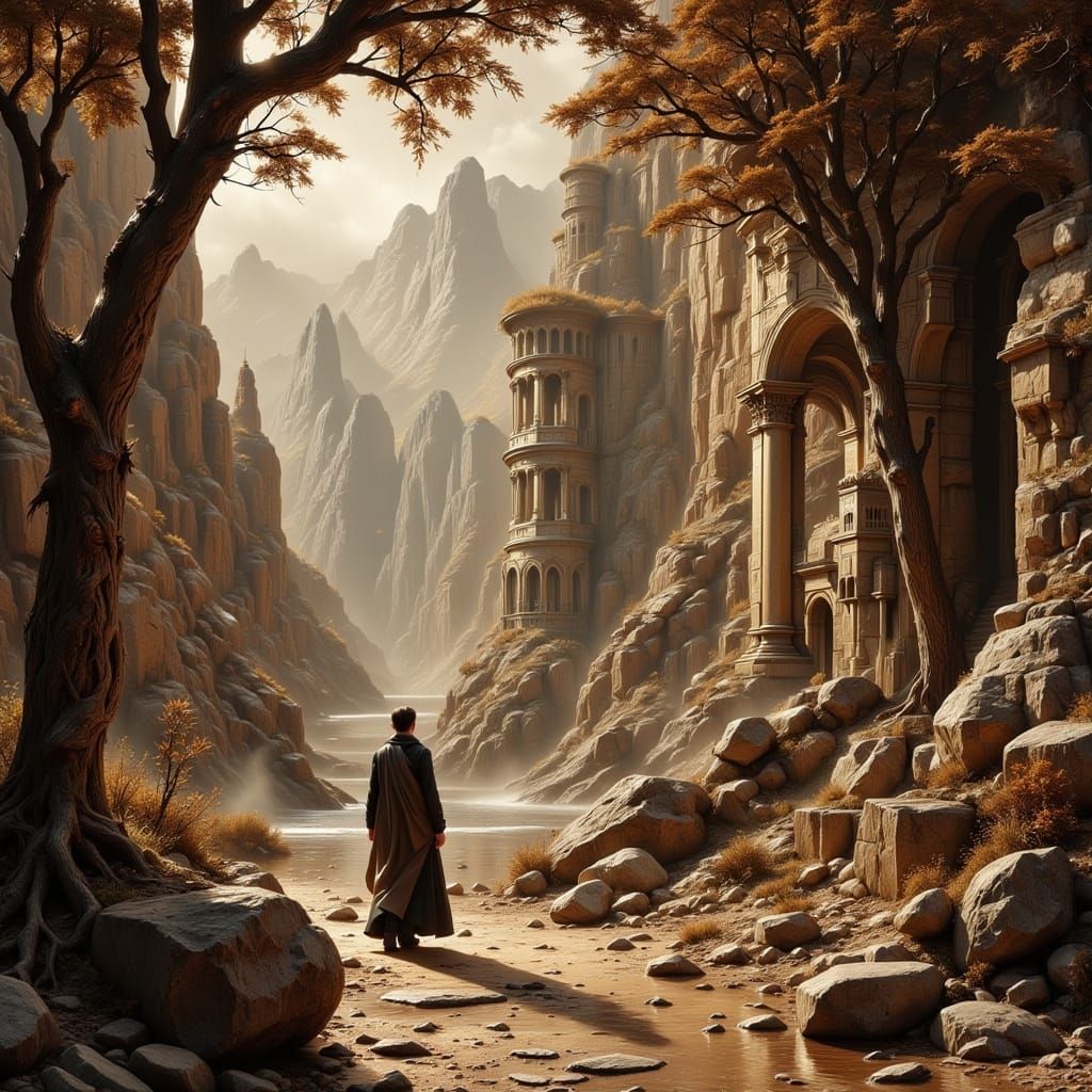 Ornate Fantasy Landscape in Dark Brown and Beige