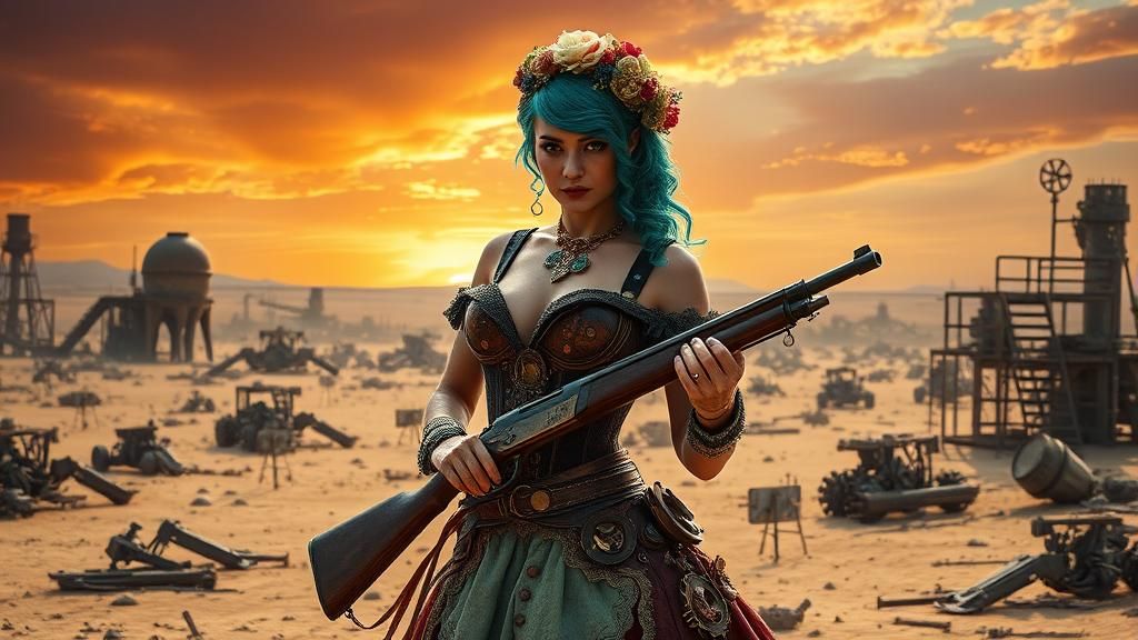 Steampunk Woman in Wasteland, Hyperrealistic Art