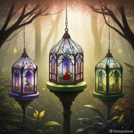 Stained Glass Birdhouses in Enchanted Forest