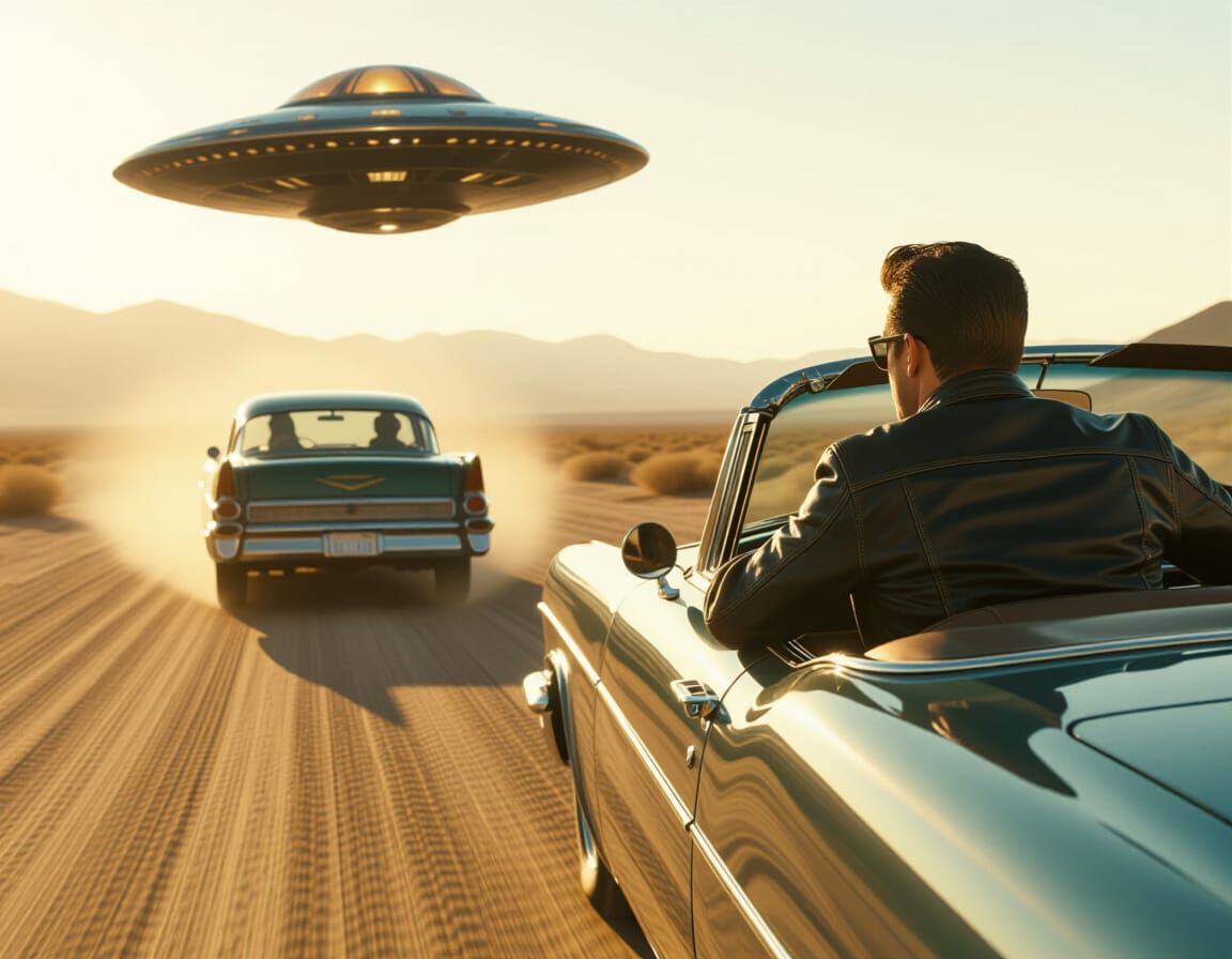 Greaser Races UFO in Retro Photography Style