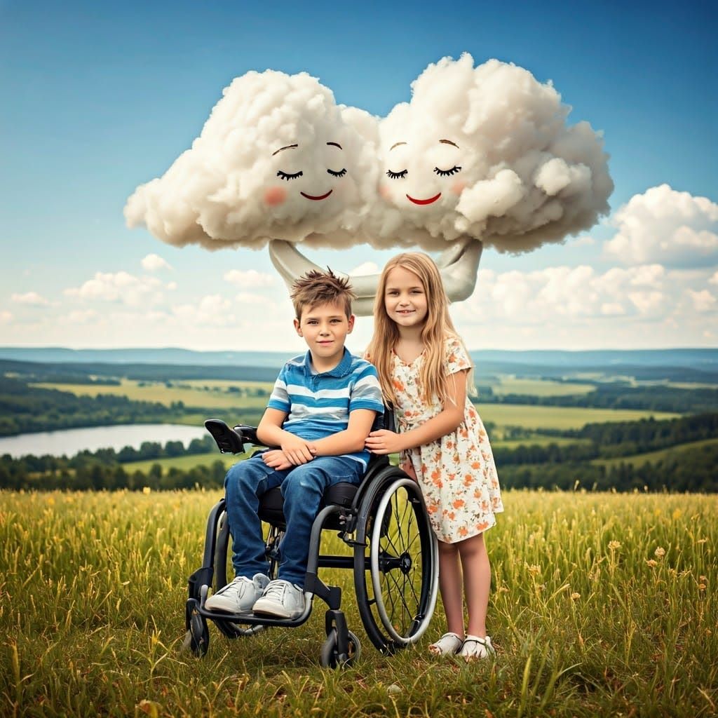 Boy in Wheelchair with Girl in Sunny Landscape