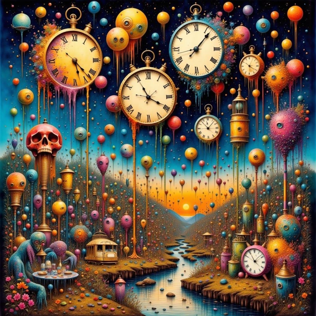 Surreal Melting Clocks and Glowing Pipes in Dreamscape