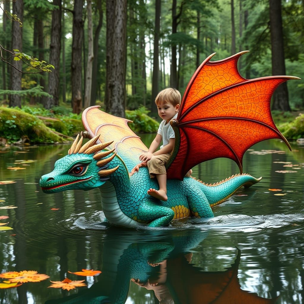 Young Boy Rides Majestic Dragon in Lush Forest Lake