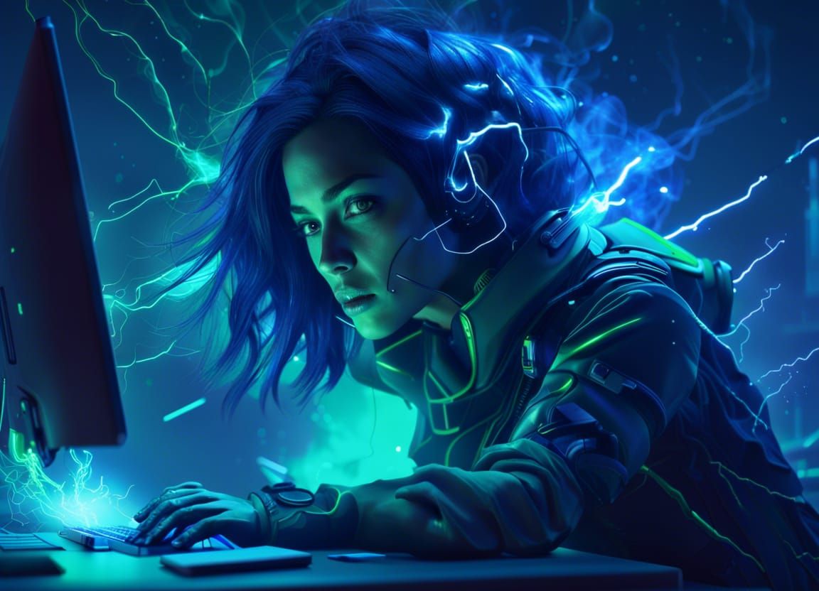 Cyborg Hacker Girl in Futuristic Cyberpunk Scene