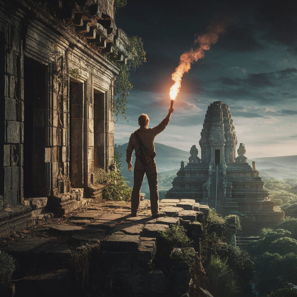 Traveler at Forgotten Temple Edge: Hyperrealistic Adventure