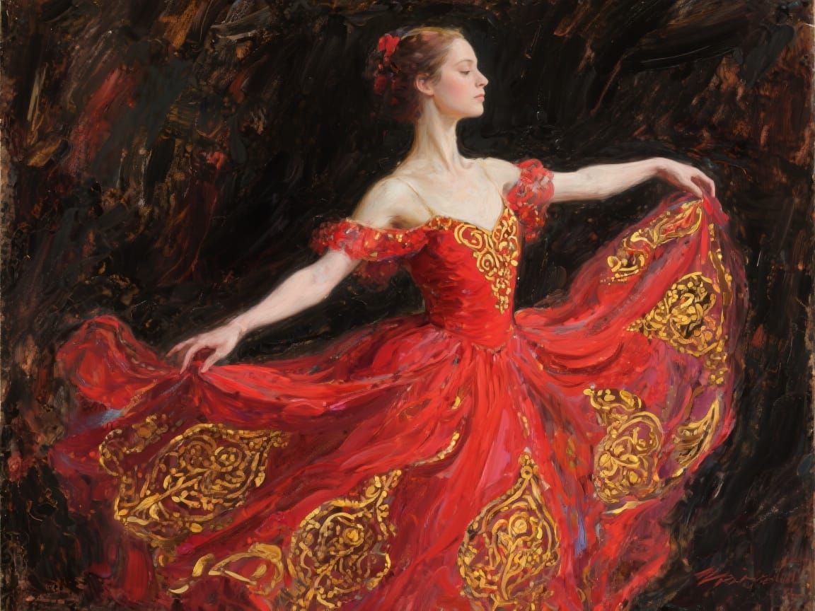 Ballerina in Red Dress: Impasto Painting with Gold Accents