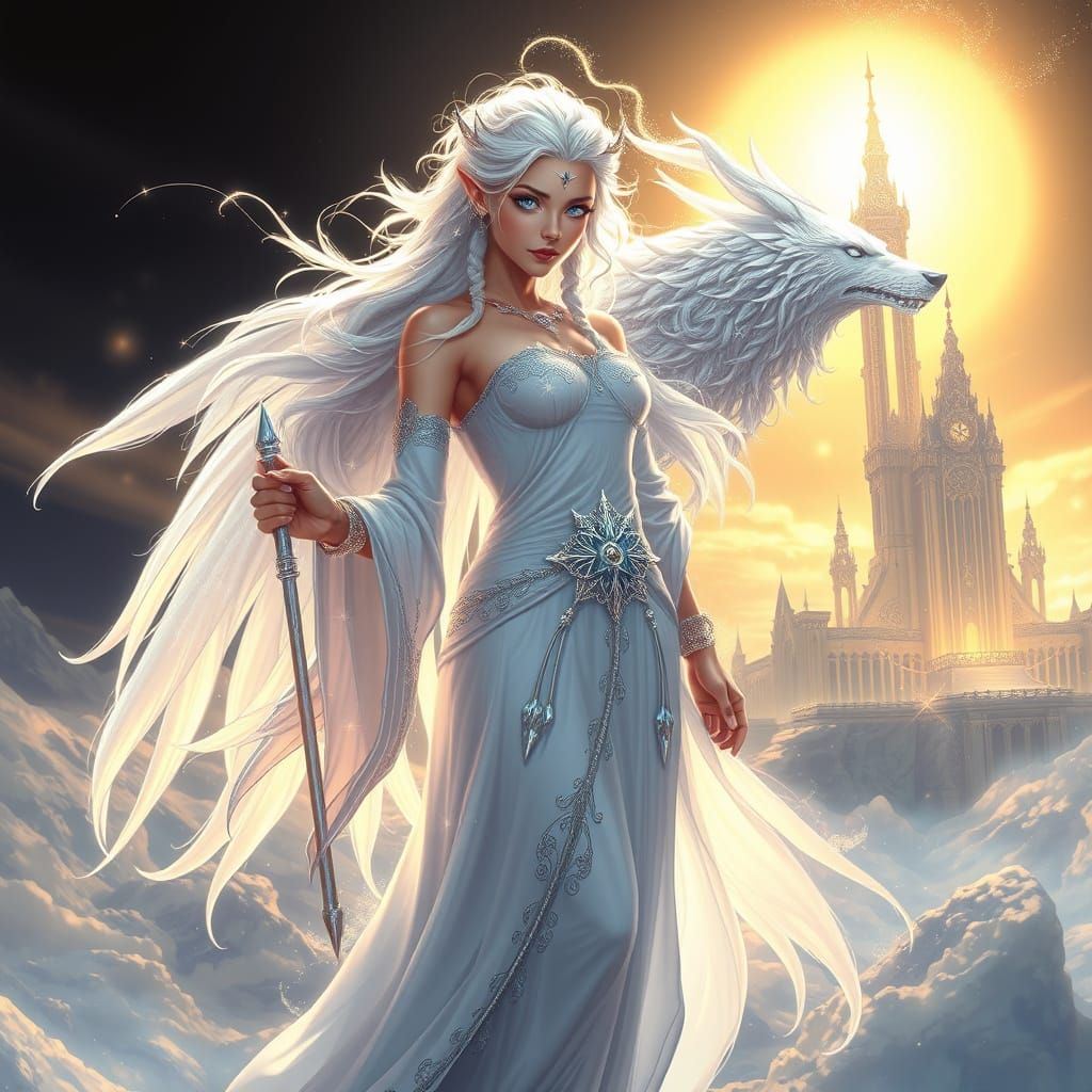 Ethereal Goddess with Feathery Wings and Starlight Braids on...