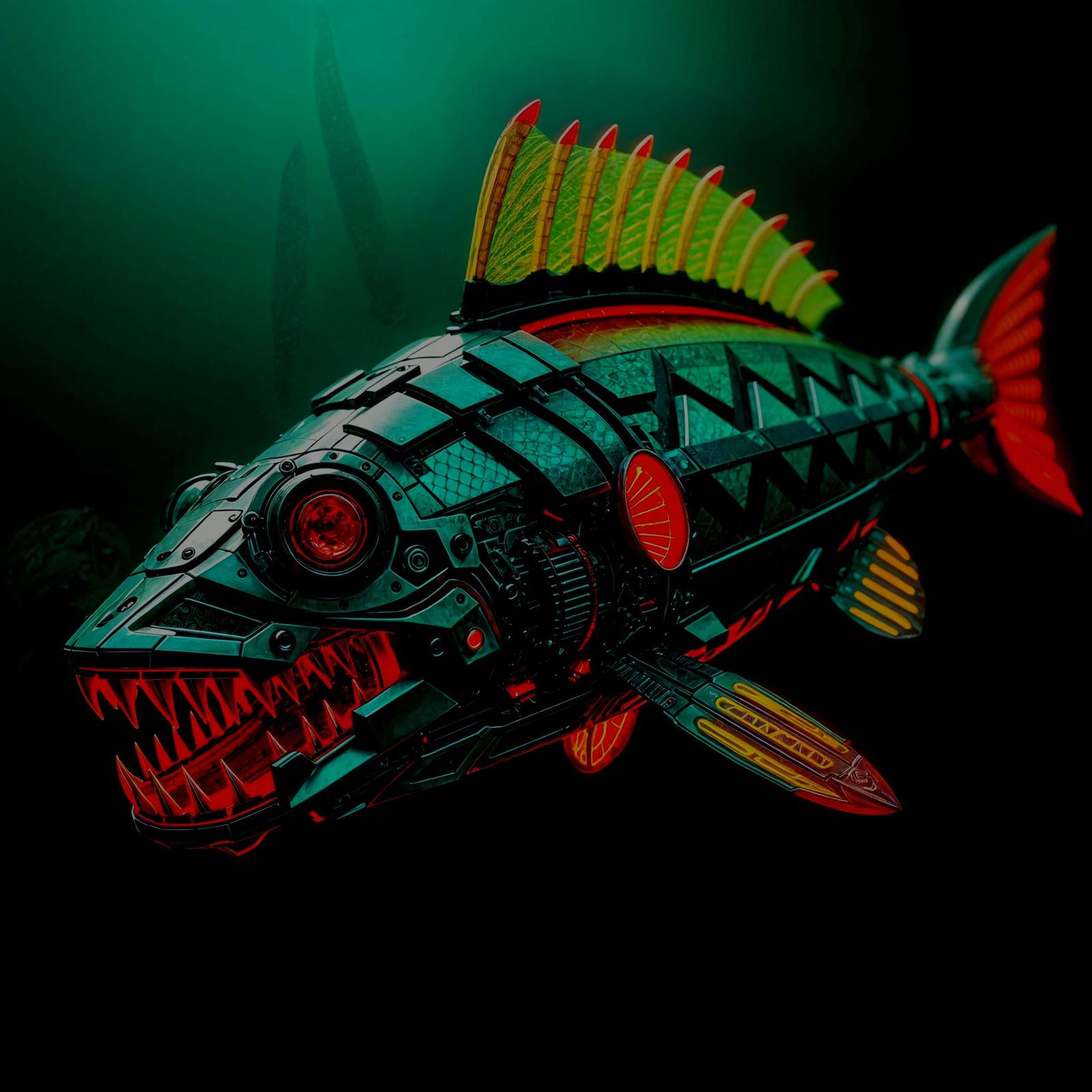 Cyberpunk Mechanical Barracuda with Neon Fin Fins