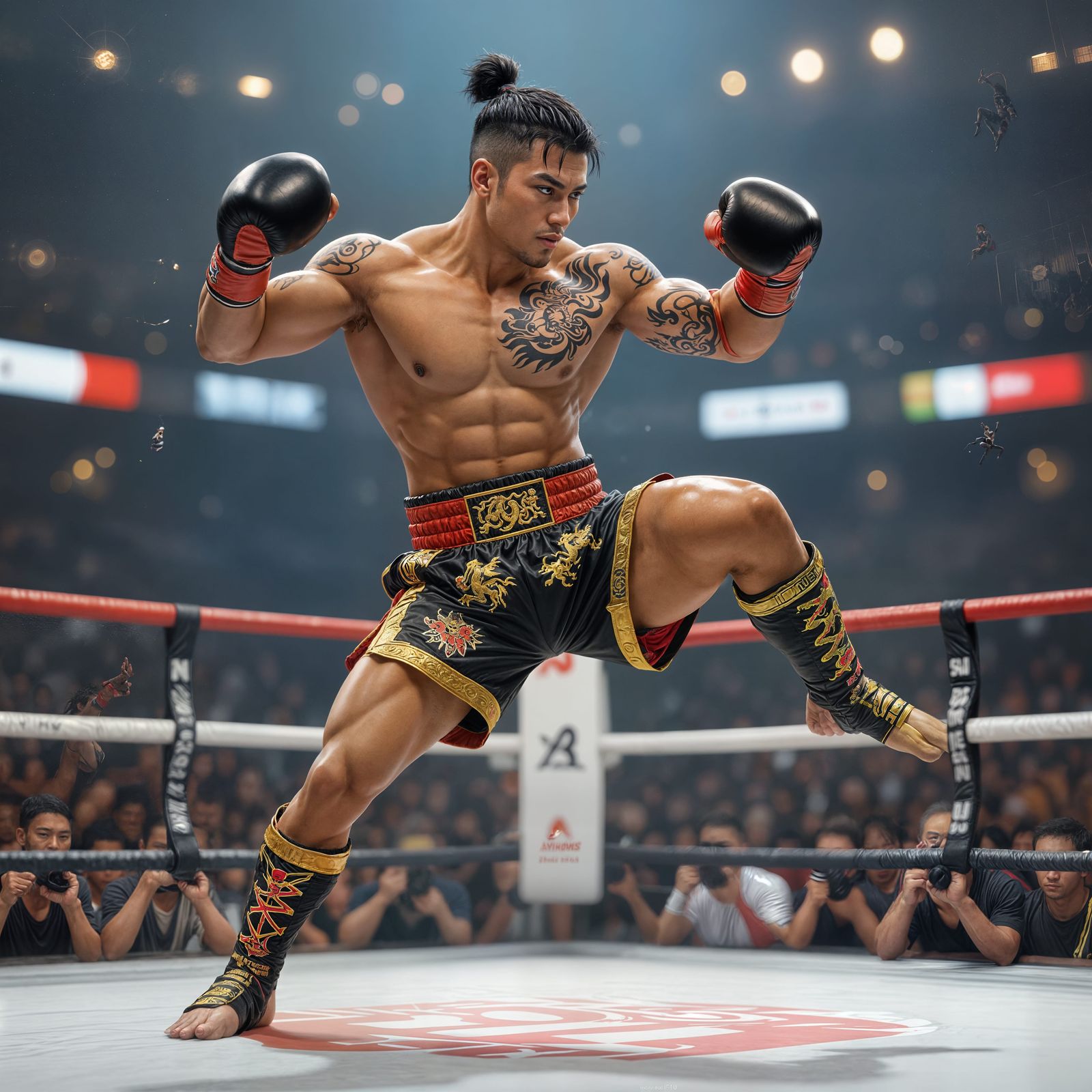 Muay Thai Fighter Executes Flying Knee in Hype Realistic Pos...