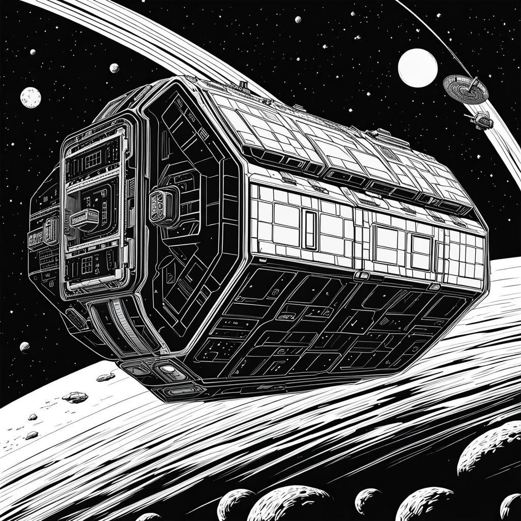 Intricate Line Art of Freighter Spacecraft