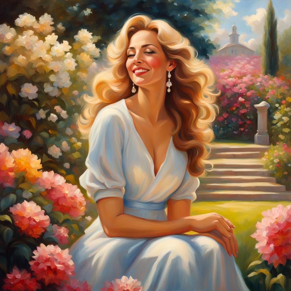 Elegant Woman in Garden: Oil Painting