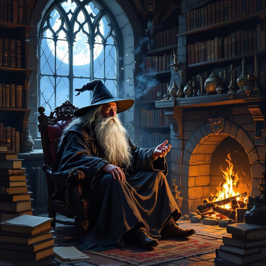 Wise Old Wizard by Fireplace in Ancient Study
