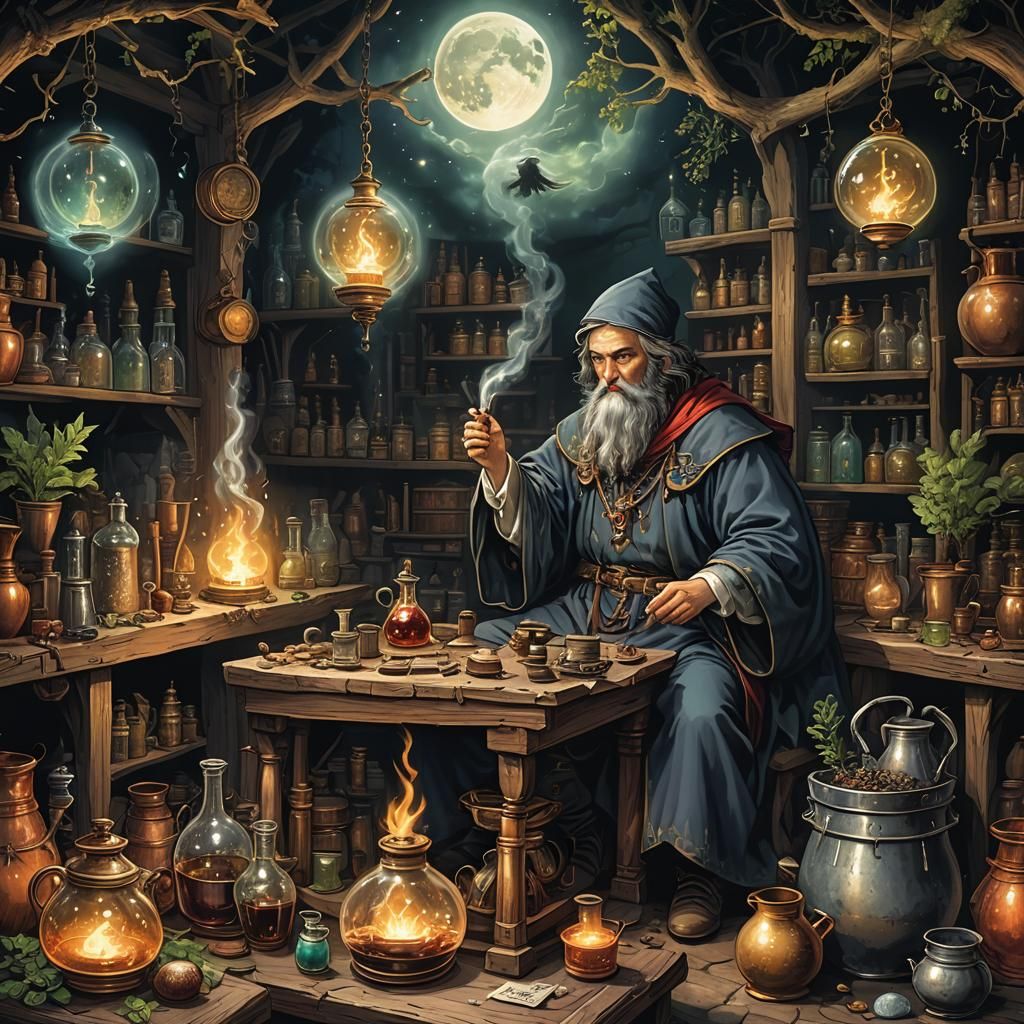 Medieval Alchemist Summoning Spirits in Forest Glade