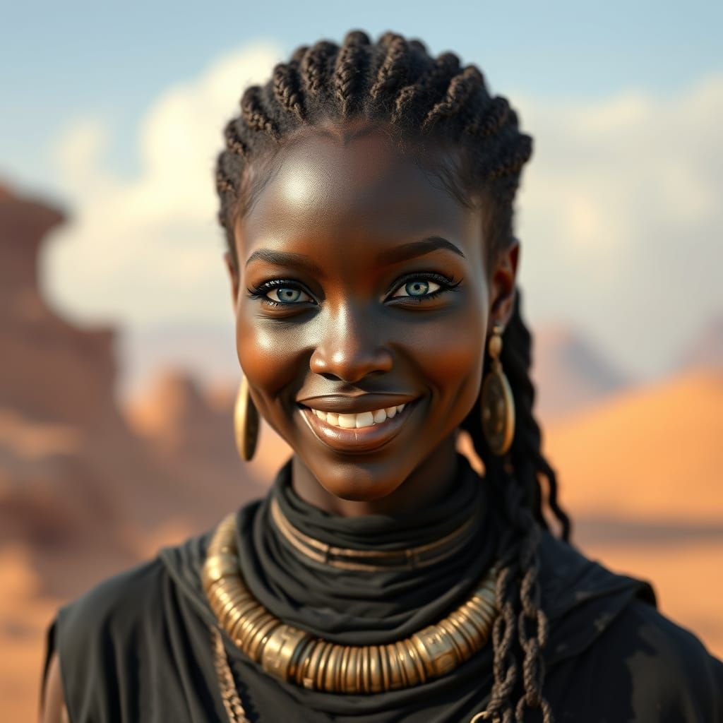 Dune-Inspired Portrait of a Woman with Blue Eyes