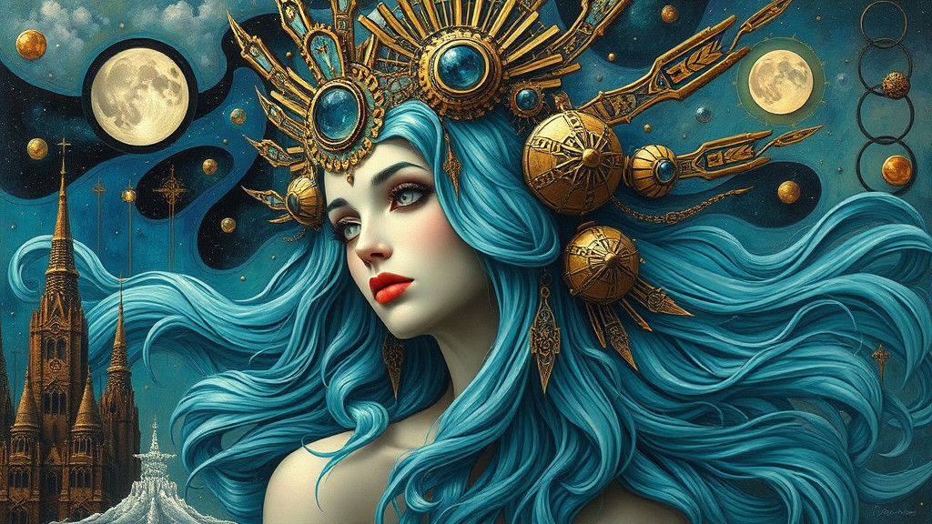 Mystical Aquamarine Woman in Surreal Fantasy Realm