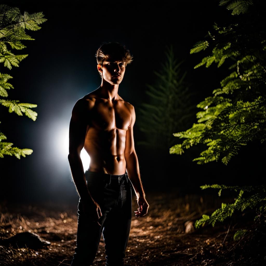 Shirtless Man in Forest at Night with Flash