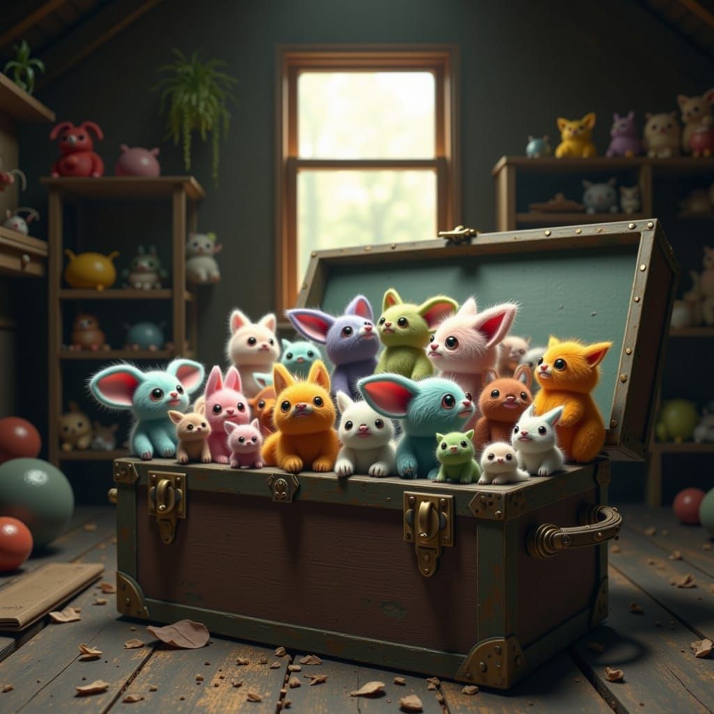 Whimsical Creatures in Dusty Toy Chest